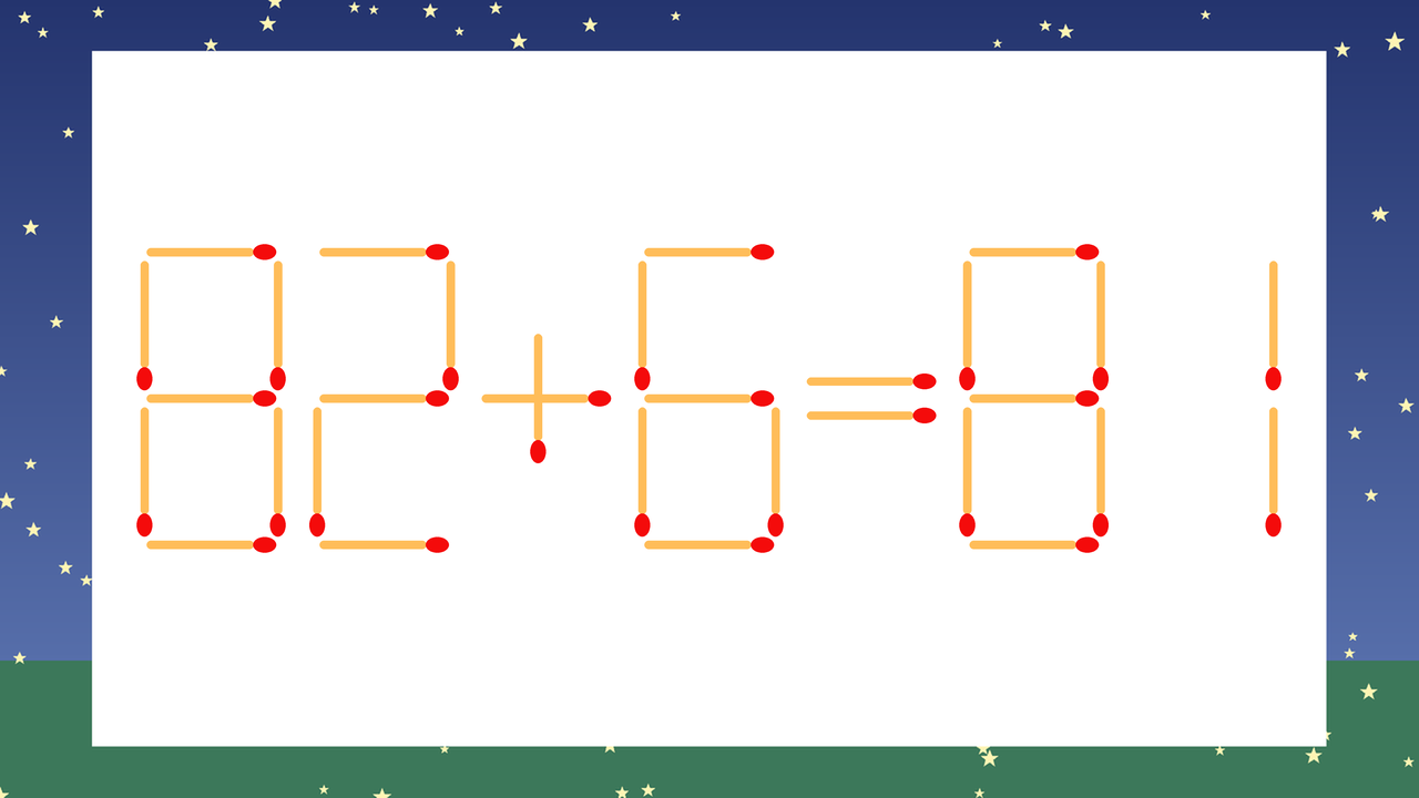 【マッチ棒クイズ】1本だけ動かして正しい式に：82+6=81？の問題イメージ