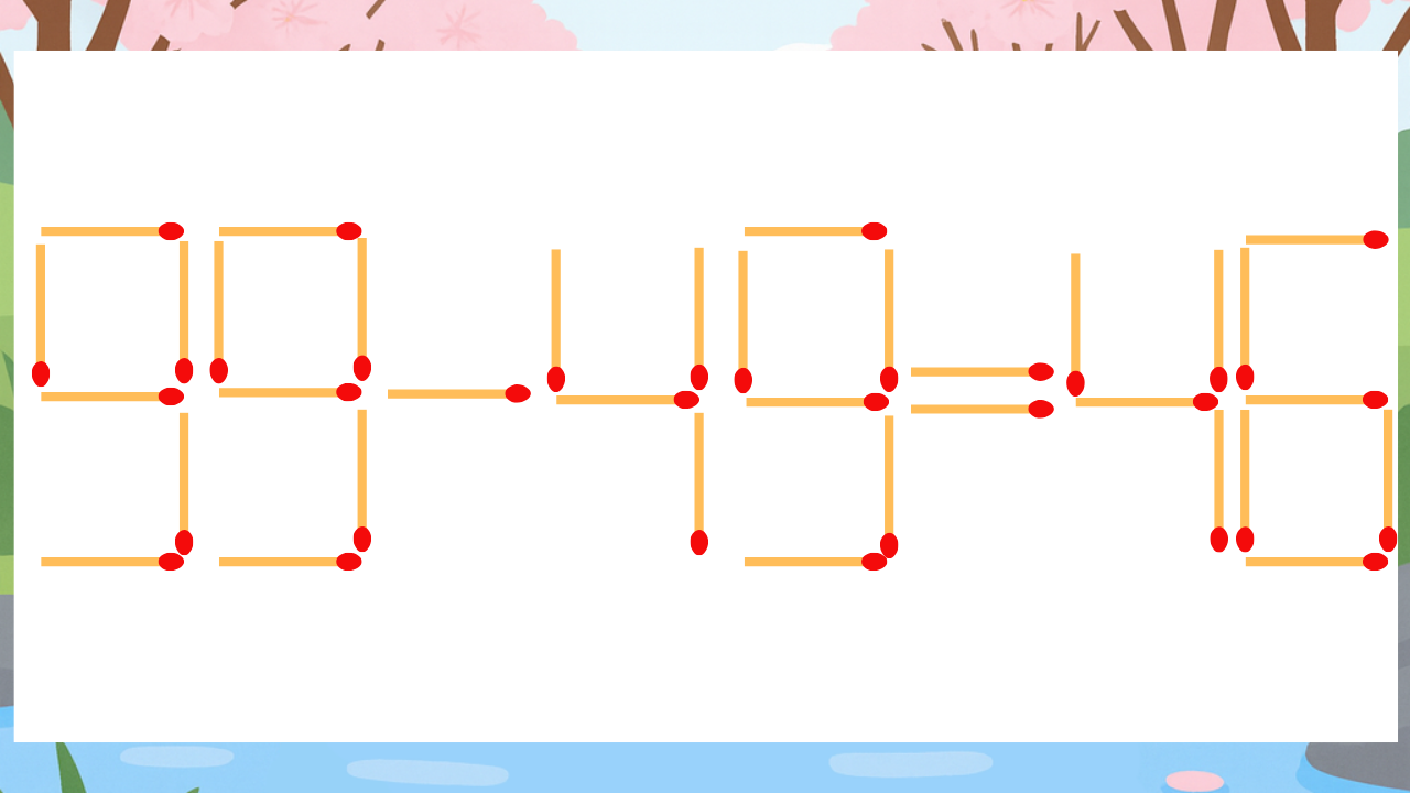 【マッチ棒クイズ】1本だけ動かして正しい式に：99-49=46？
