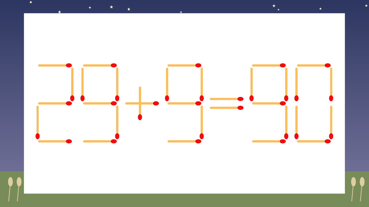 【マッチ棒クイズ】1本だけ動かして正しい式に：29+9=90？の問題イメージ