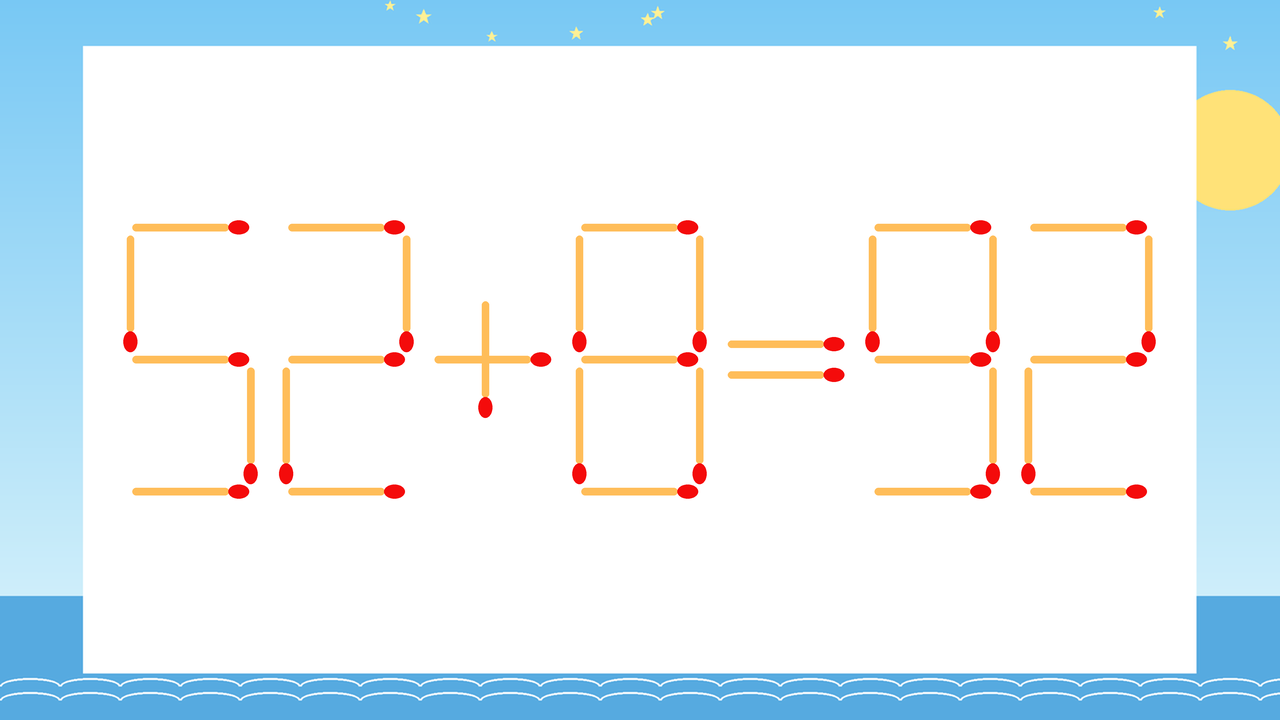 【マッチ棒クイズ】1本だけ動かして正しい式に：52+8=92？