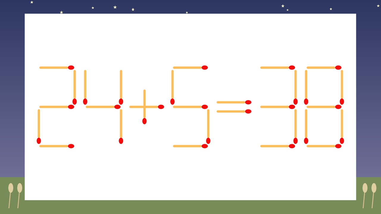 【マッチ棒クイズ】1本だけ動かして正しい式に:24+5=38?