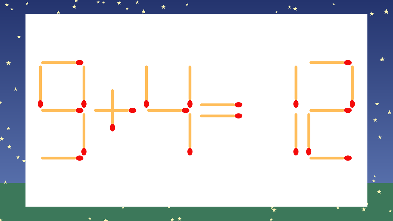 【マッチ棒クイズ】1本だけ動かして正しい式に：9+4=12？の問題イメージ