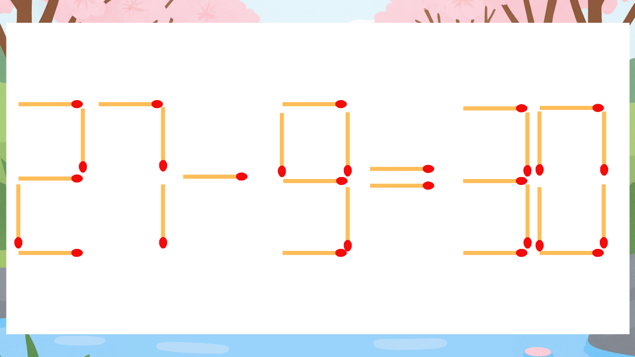 【マッチ棒クイズ】1本だけ動かして正しい式に：27-9=30？