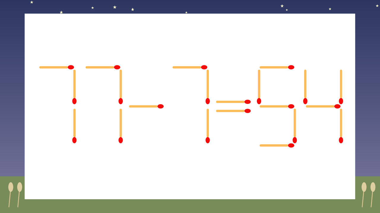 【マッチ棒クイズ】1本だけ動かして正しい式に：77-7=54？の問題イメージ