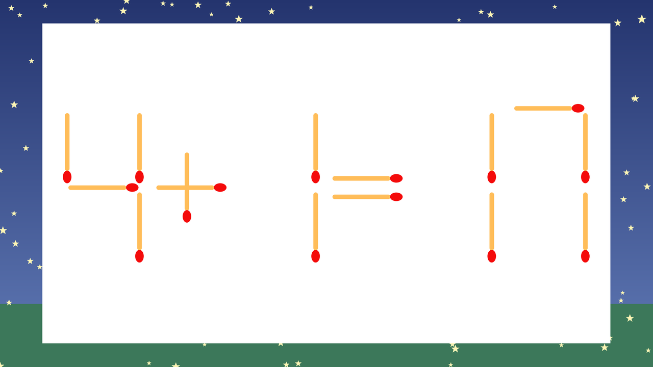 【マッチ棒クイズ】1本だけ動かして正しい式に：4+1=17？の問題イメージ