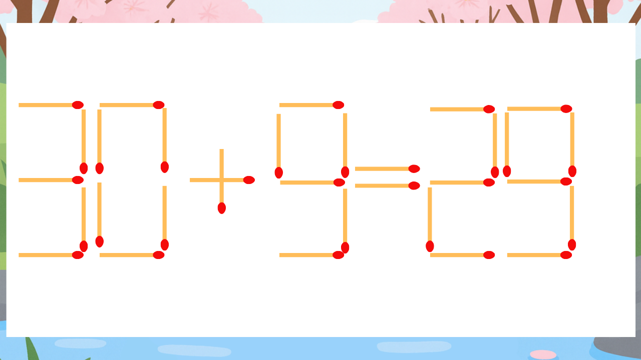 【マッチ棒クイズ】1本だけ動かして正しい式に：30+9=29？