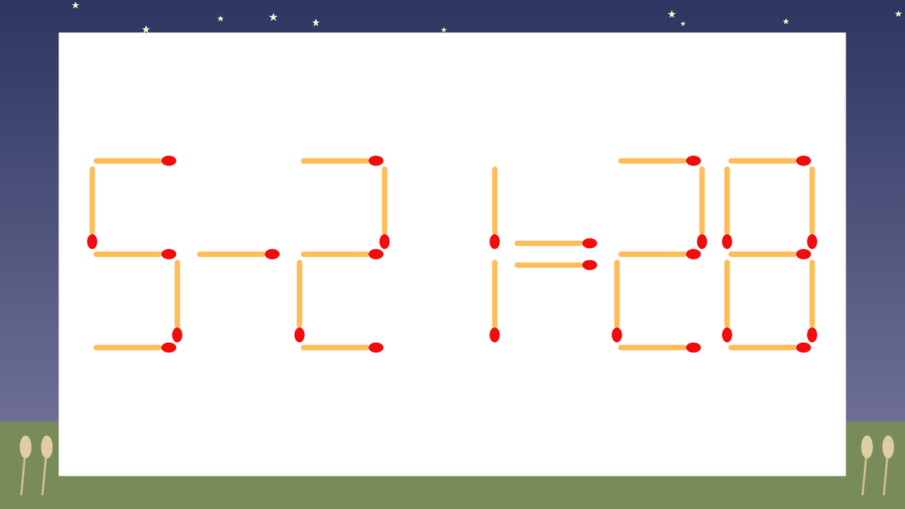【マッチ棒クイズ】1本だけ動かして正しい式に：5-21=28？の問題イメージ
