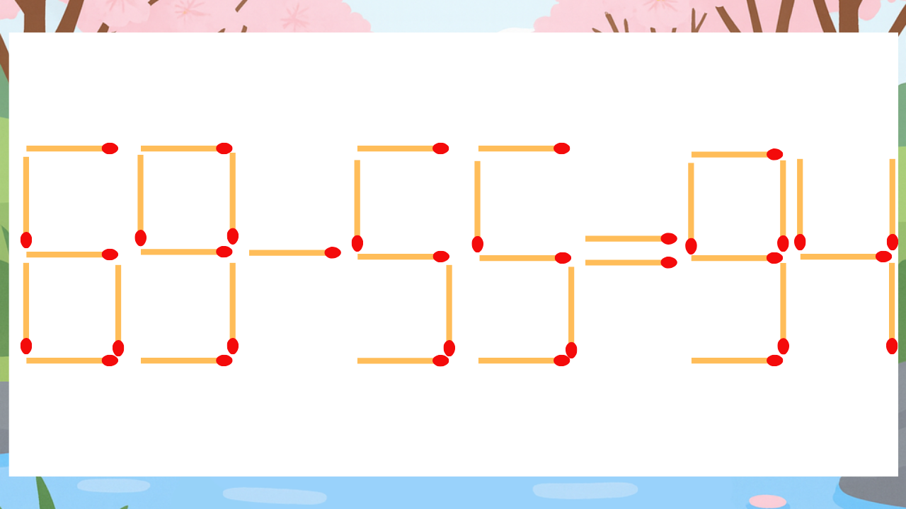 【マッチ棒クイズ】1本だけ動かして正しい式に：69-55=94？