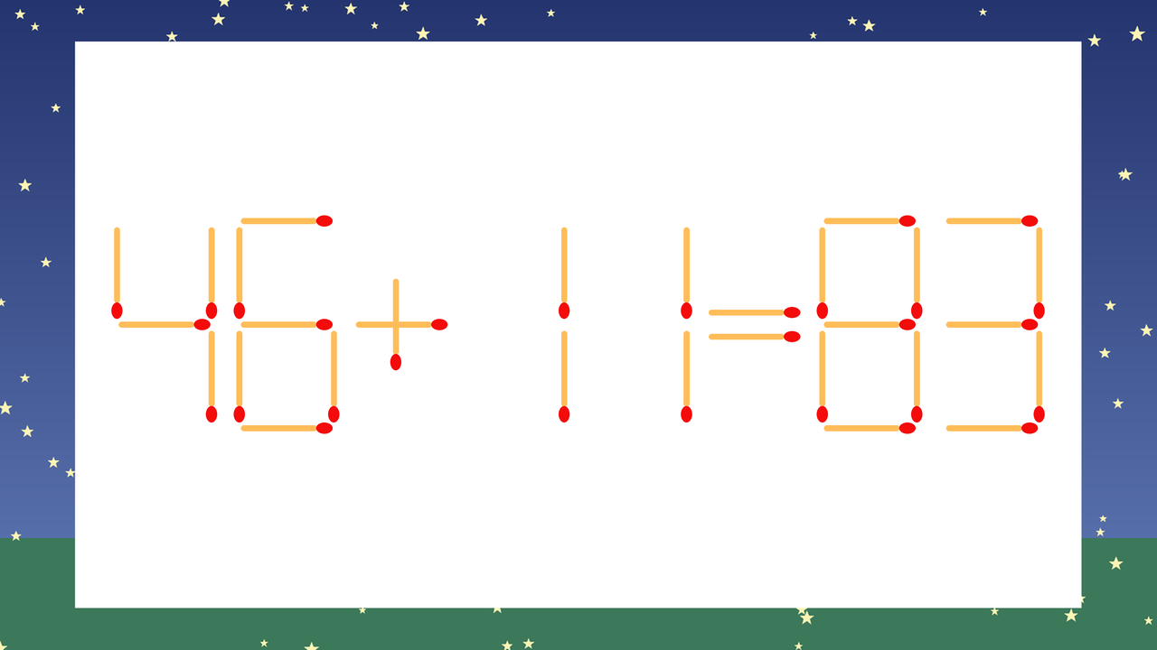 【マッチ棒クイズ】1本だけ動かして正しい式に：46+11=83？