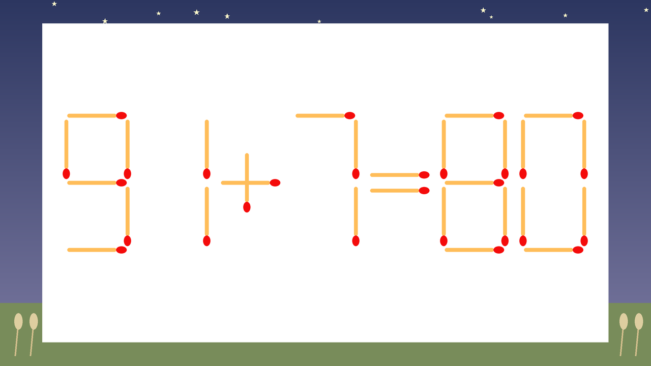 【マッチ棒クイズ】1本だけ動かして正しい式に:91+7=80?