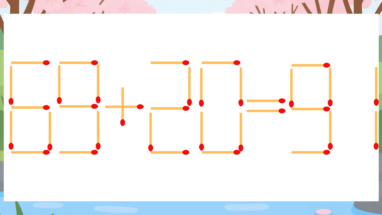 【マッチ棒クイズ】1本だけ動かして正しい式に：69+20=91？の問題イメージ