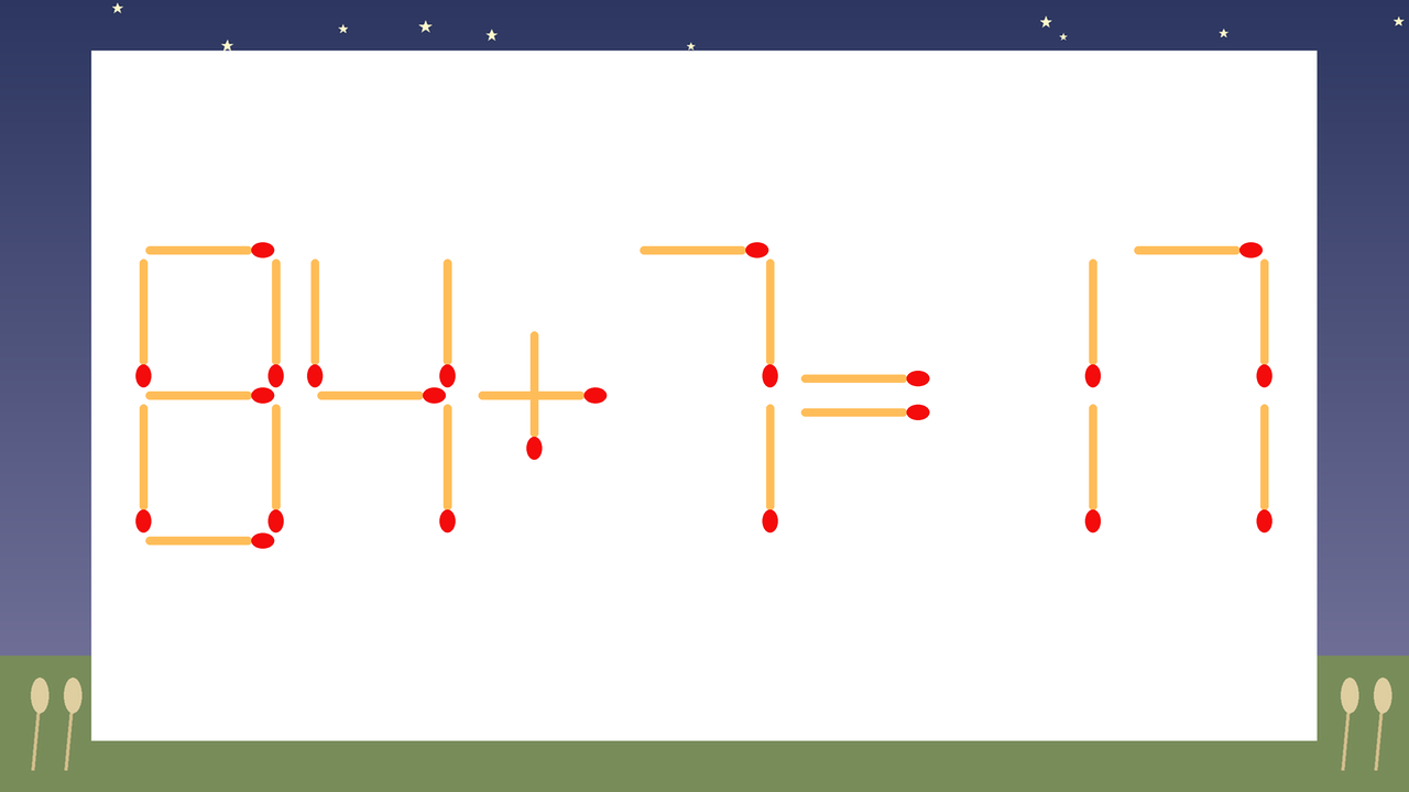 【マッチ棒クイズ】1本だけ動かして正しい式に：84+7=17？の問題イメージ