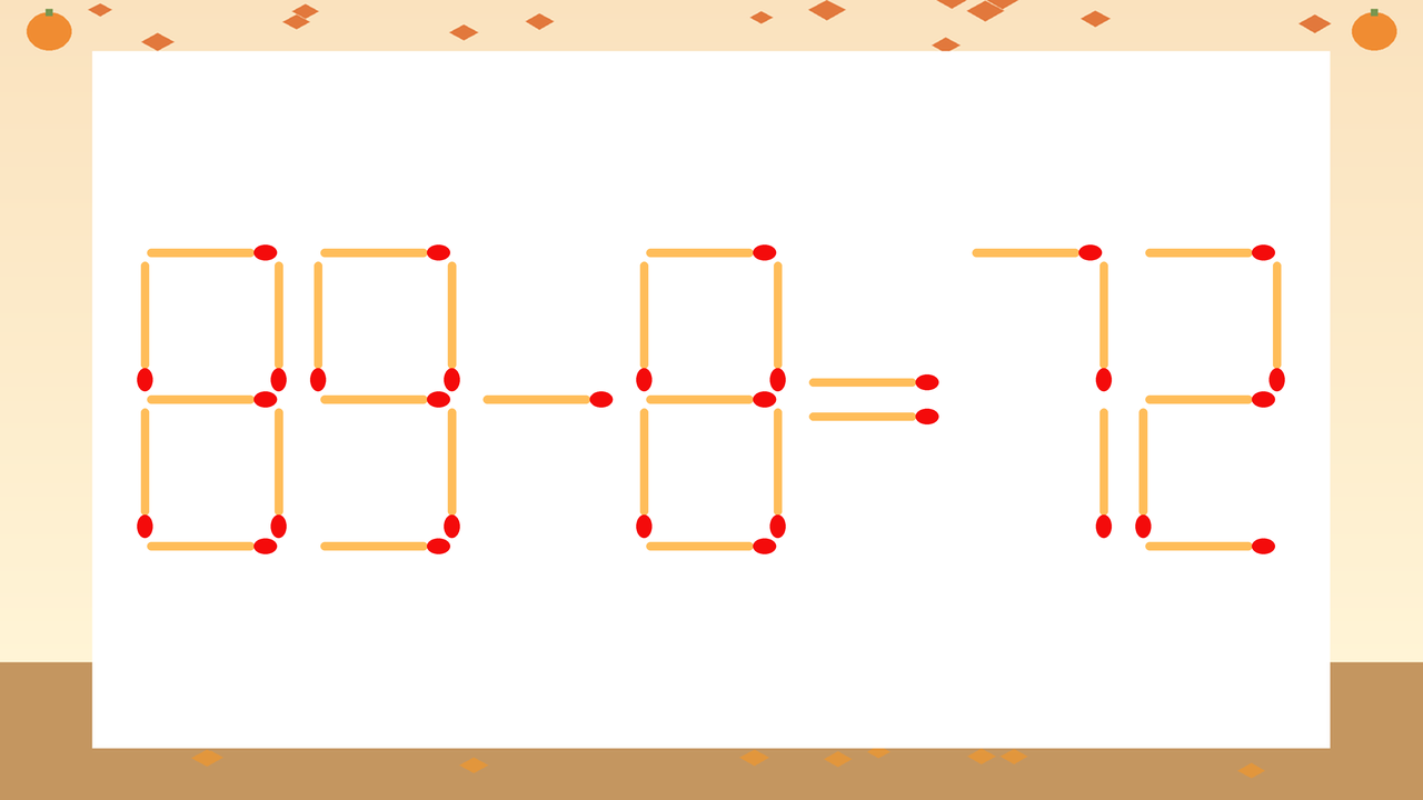 【マッチ棒クイズ】1本だけ動かして正しい式に：89-8=72？