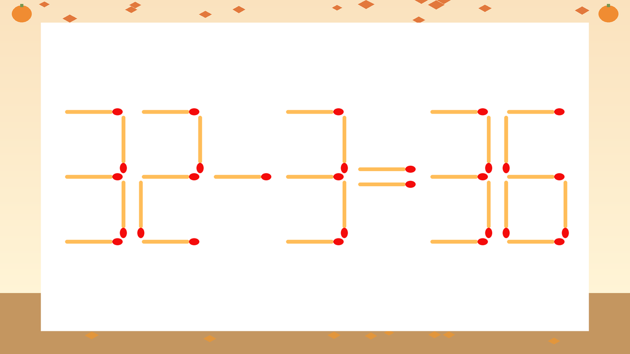 【マッチ棒クイズ】1本だけ動かして正しい式に：32-3=36？の問題イメージ