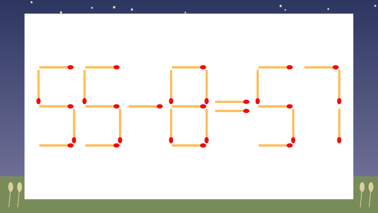 【マッチ棒クイズ】1本だけ動かして正しい式に:55-8=57?