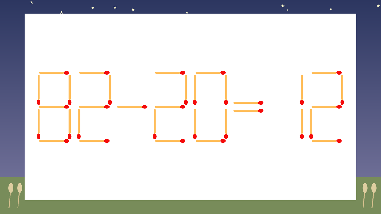 【マッチ棒クイズ】1本だけ動かして正しい式に：82-20=12？
