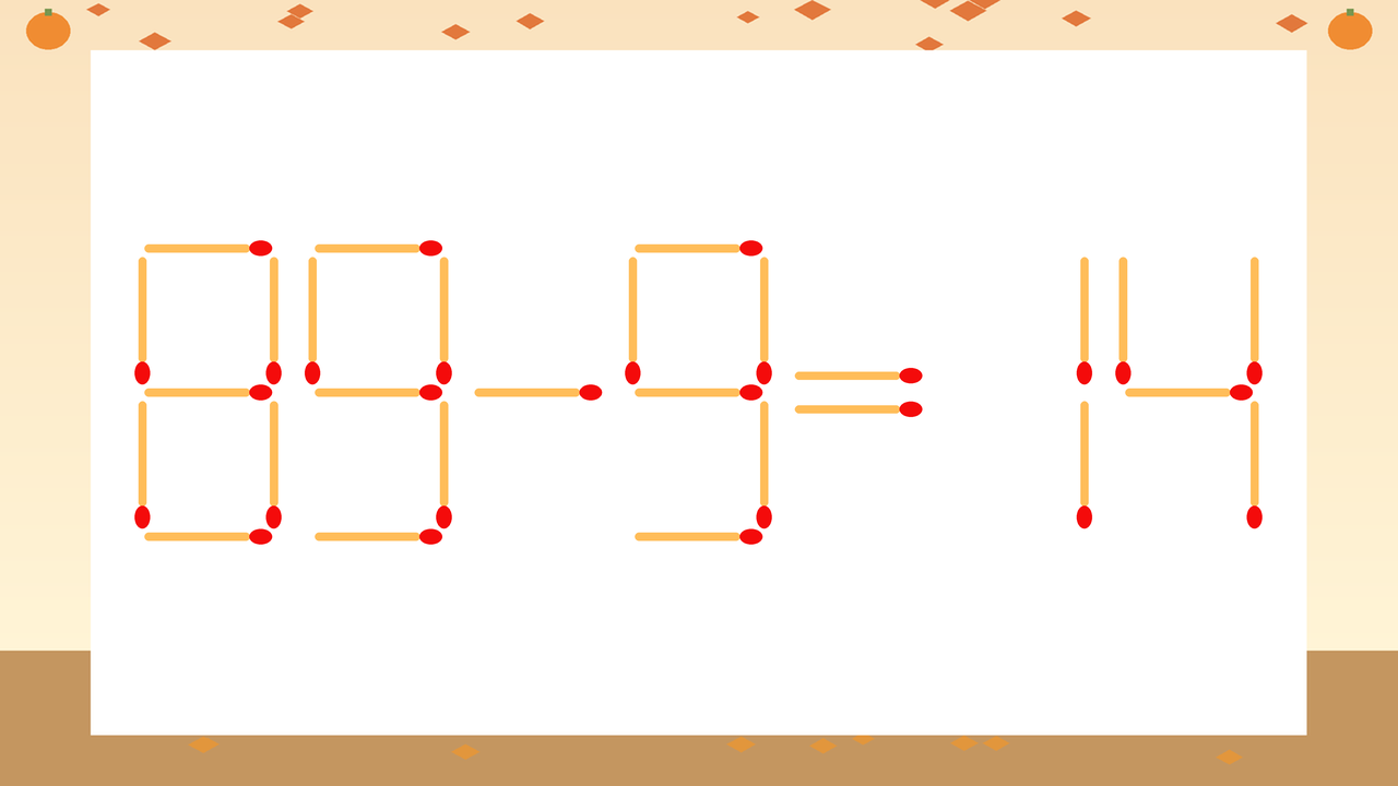 【マッチ棒クイズ】1本だけ動かして正しい式に：89-9=14？の問題イメージ