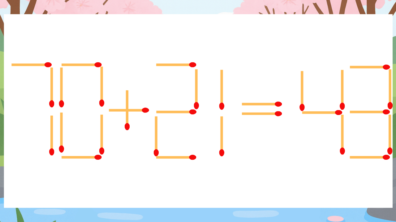 【マッチ棒クイズ】1本だけ動かして正しい式に：70+21=43？