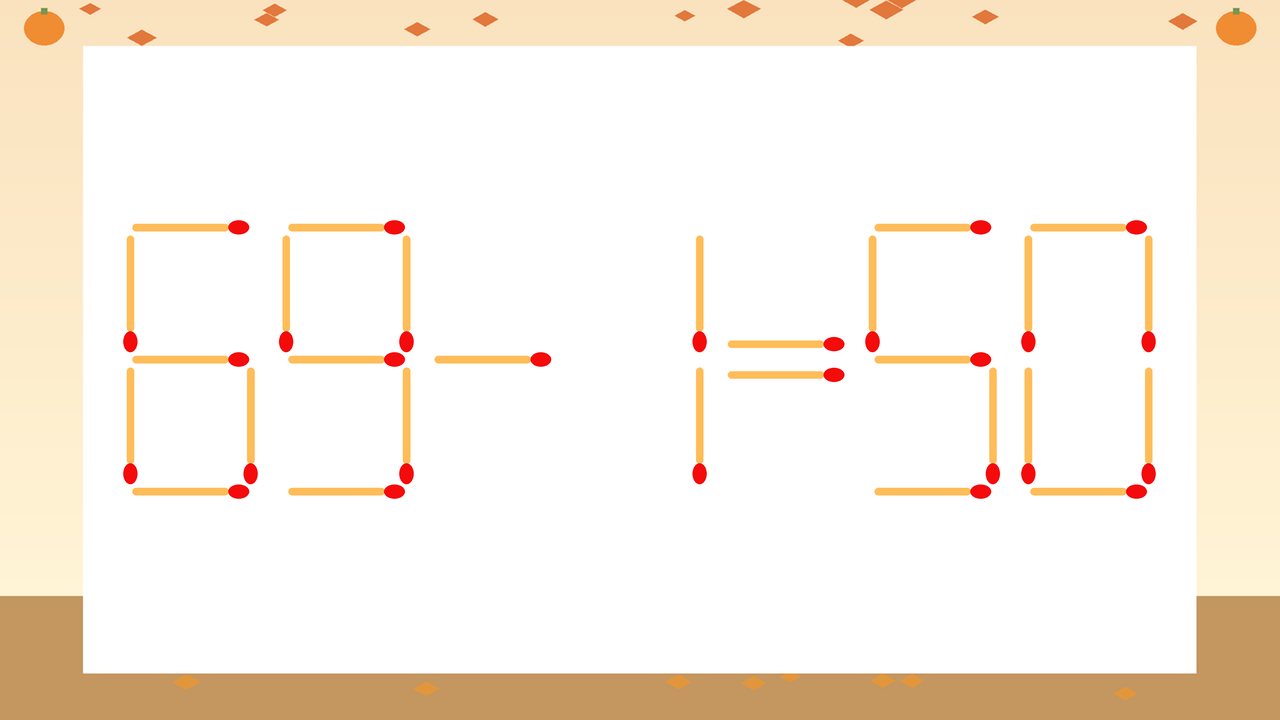 【マッチ棒クイズ】1本だけ動かして正しい式に：69-1=50？