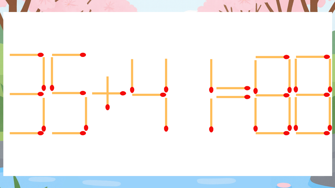 【マッチ棒クイズ】1本だけ動かして正しい式に：35+41=88？