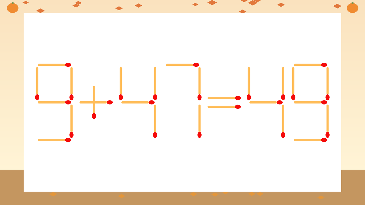 【マッチ棒クイズ】1本だけ動かして正しい式に：9+47=49？