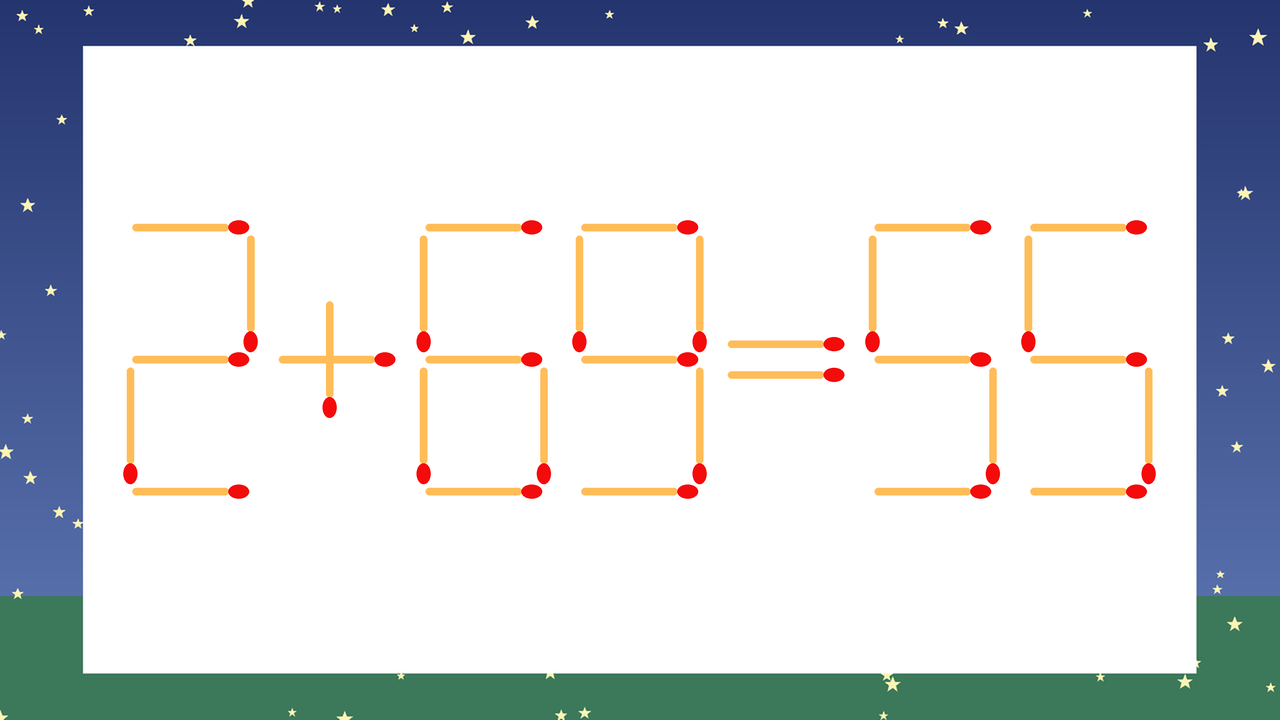 【マッチ棒クイズ】1本だけ動かして正しい式に：2+69=55？の問題イメージ