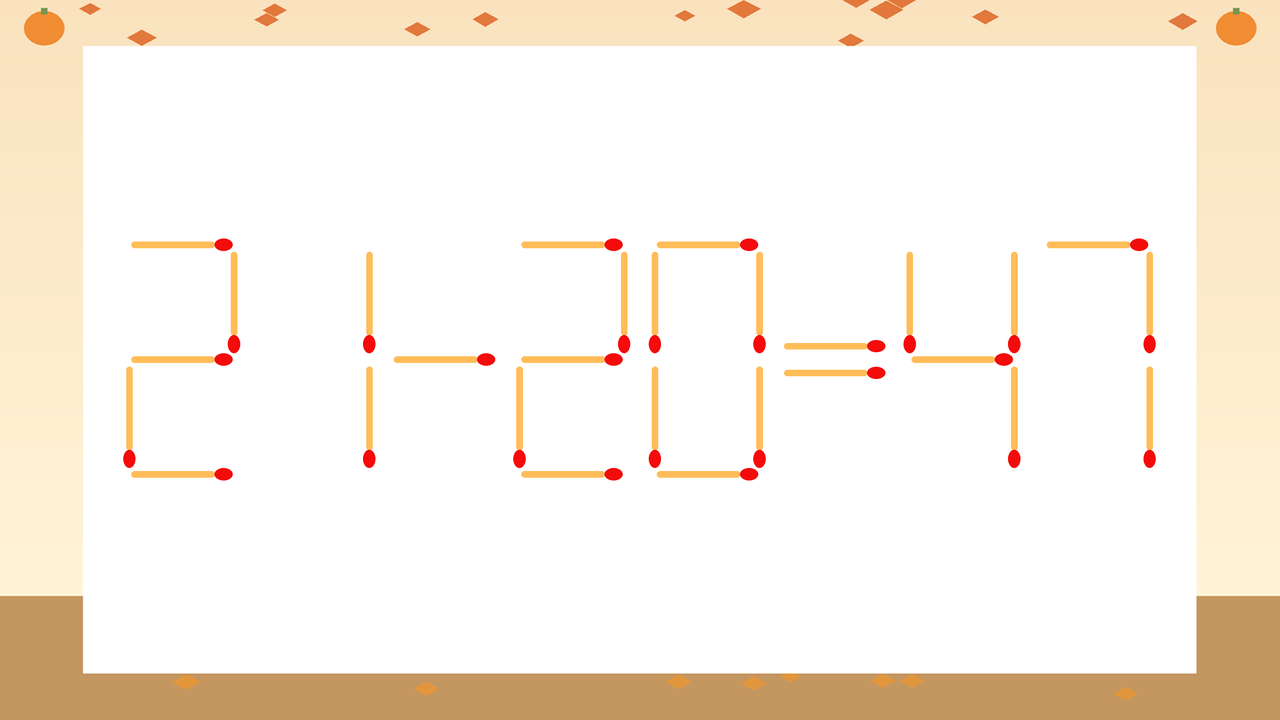 【マッチ棒クイズ】1本だけ動かして正しい式に：21-20=47？