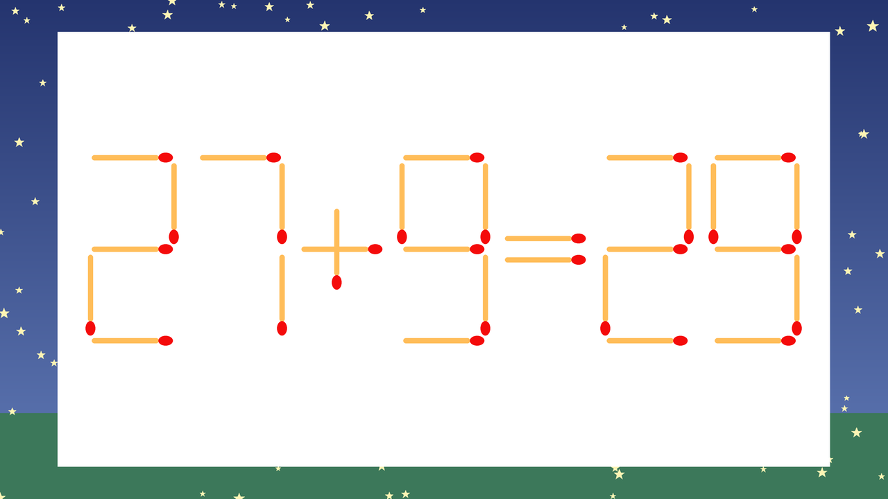 【マッチ棒クイズ】1本だけ動かして正しい式に：27+9=29？の問題イメージ