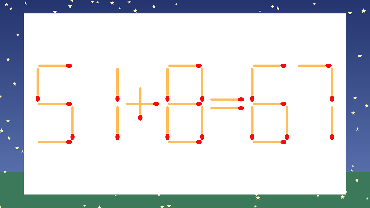 【マッチ棒クイズ】1本だけ動かして正しい式に：51+8=67？の問題イメージ