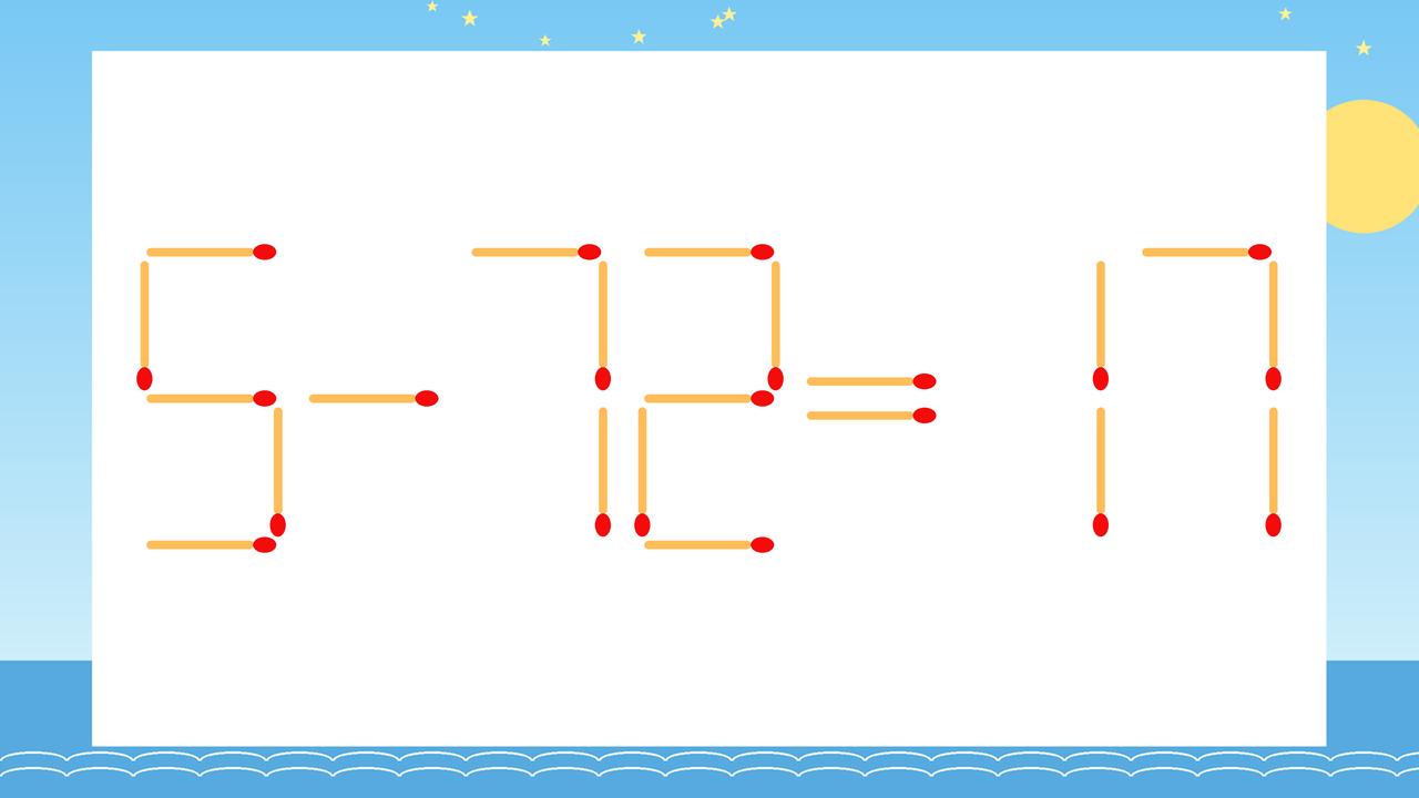 【マッチ棒クイズ】1本だけ動かして正しい式に：5-72=17？