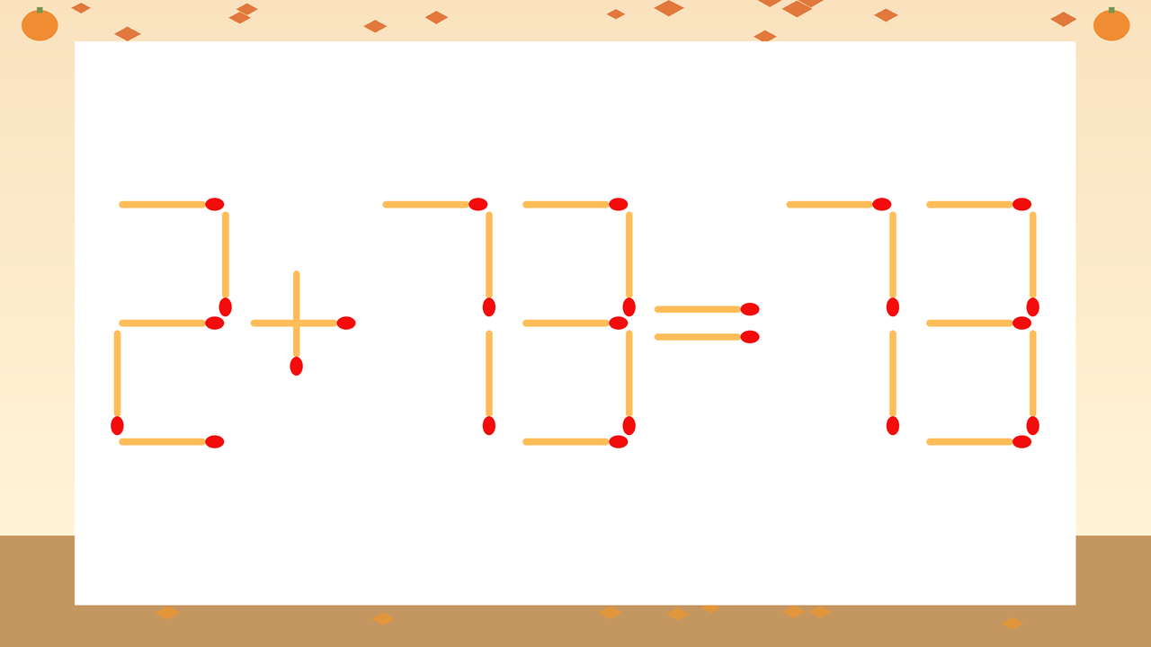 【マッチ棒クイズ】1本だけ動かして正しい式に：2+73=73？