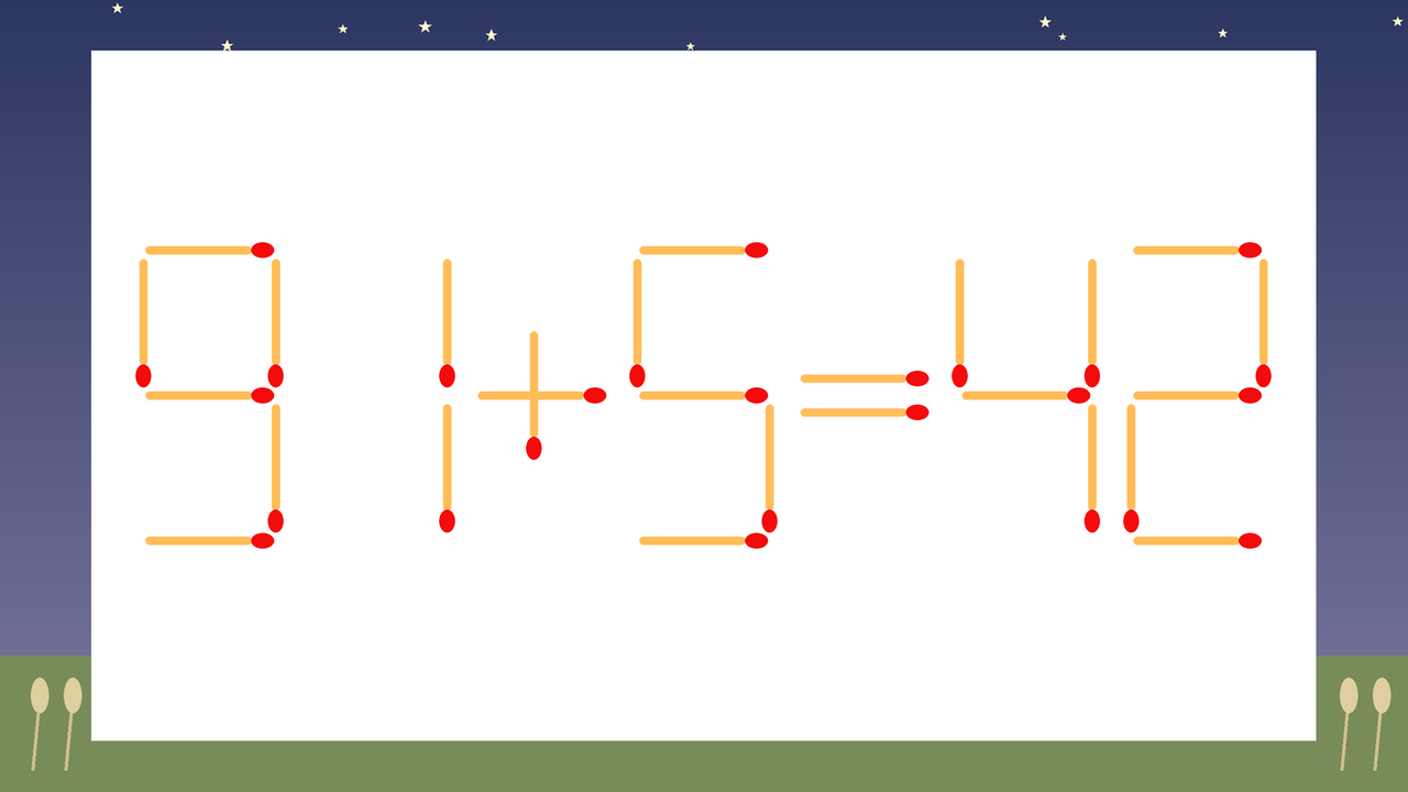 【マッチ棒クイズ】1本だけ動かして正しい式に：91+5=42？の問題イメージ