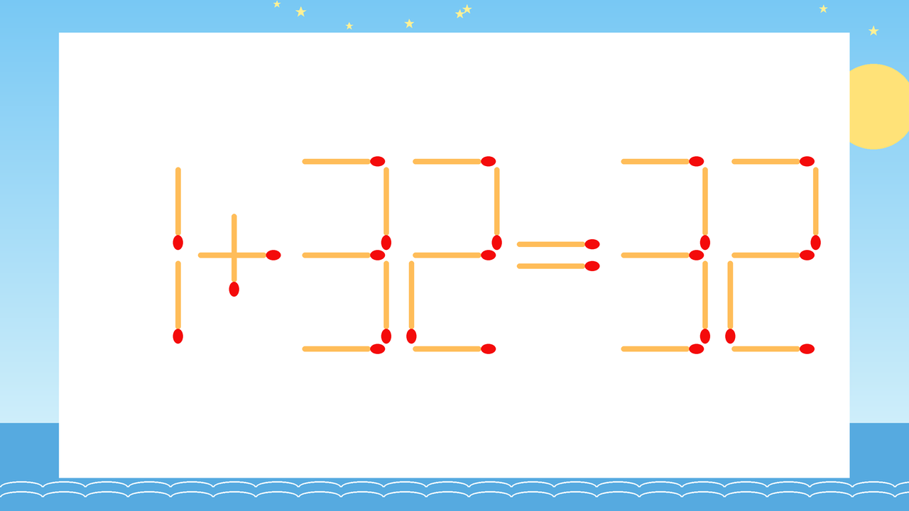 【マッチ棒クイズ】1本だけ動かして正しい式に：1+32=32？