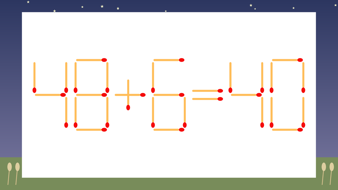 【マッチ棒クイズ】1本だけ動かして正しい式に：48+6=40？の問題イメージ