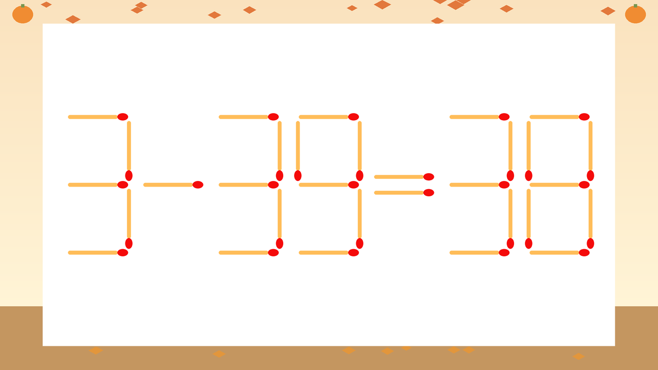 【マッチ棒クイズ】1本だけ動かして正しい式に：3-39=38？