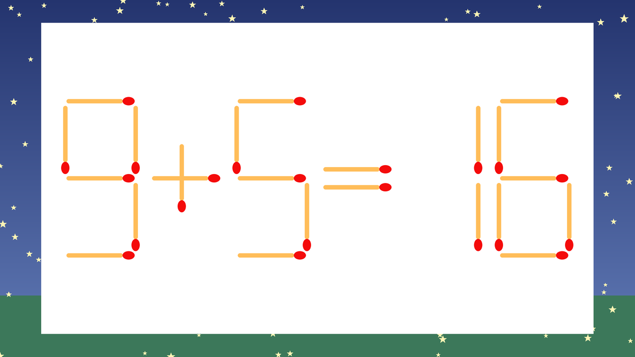 【マッチ棒クイズ】1本だけ動かして正しい式に:9+5=16?