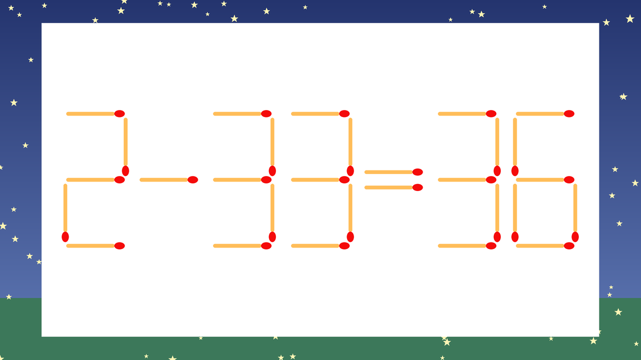 【マッチ棒クイズ】1本だけ動かして正しい式に：2-33=36？の問題イメージ