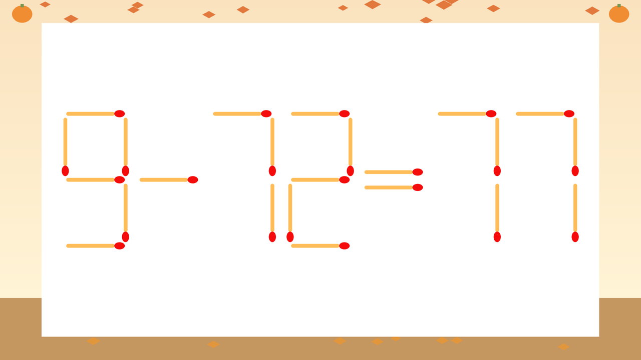 【マッチ棒クイズ】1本だけ動かして正しい式に：9-72=77？
