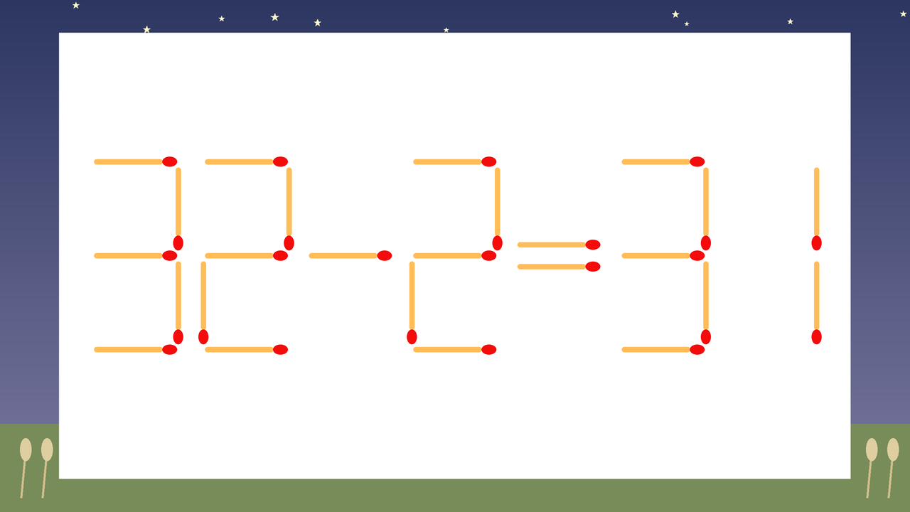 【マッチ棒クイズ】1本だけ動かして正しい式に：32-2=31？の問題イメージ