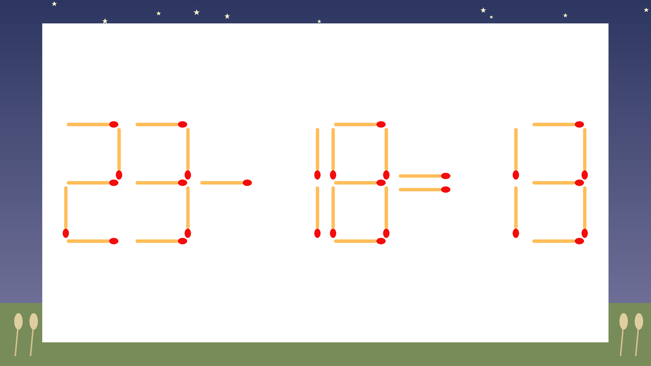 【マッチ棒クイズ】1本だけ動かして正しい式に：23-18=13？