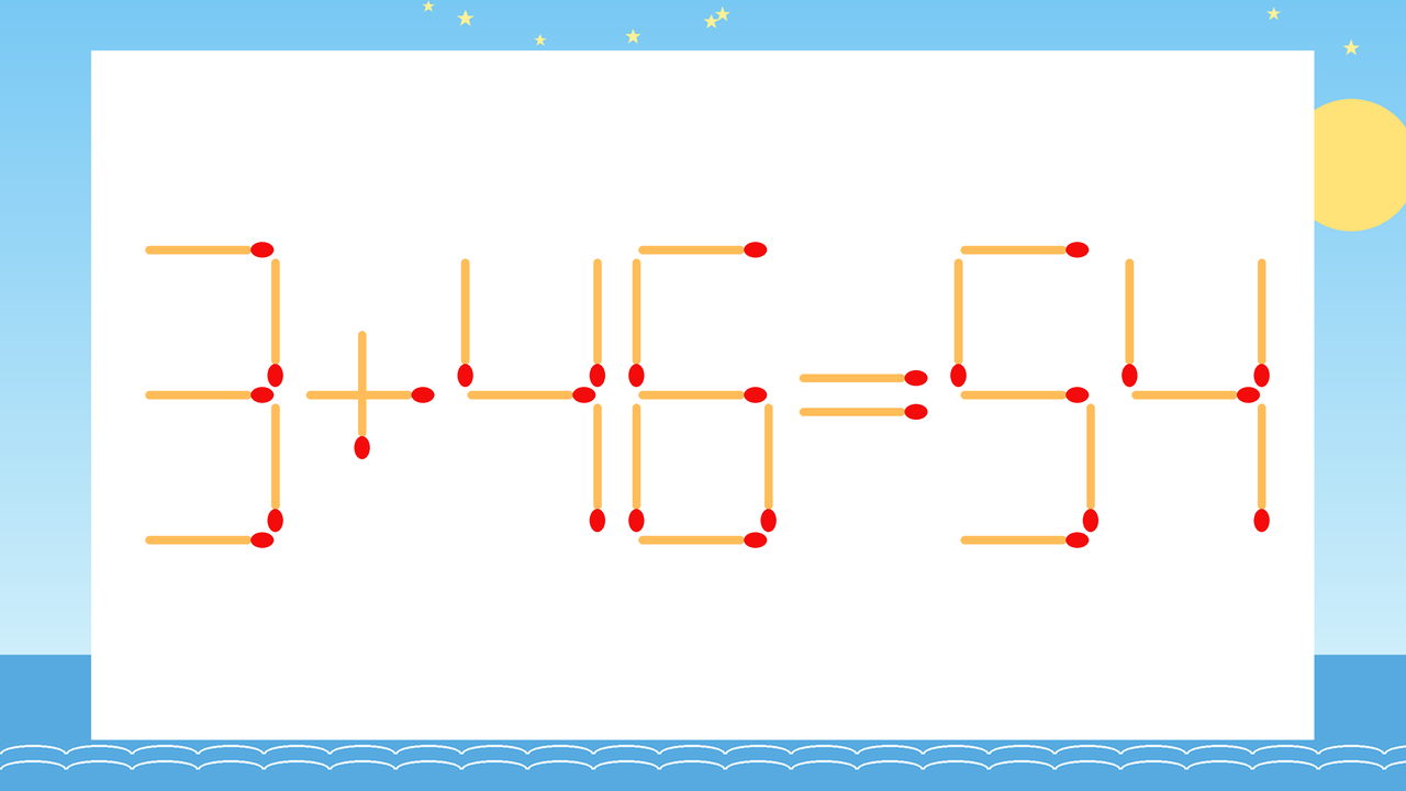 【マッチ棒クイズ】1本だけ動かして正しい式に：3+46=54？の問題イメージ