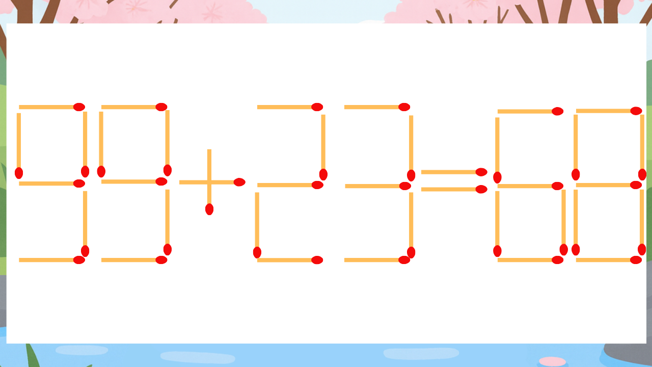 【マッチ棒クイズ】1本だけ動かして正しい式に：99+23=68？