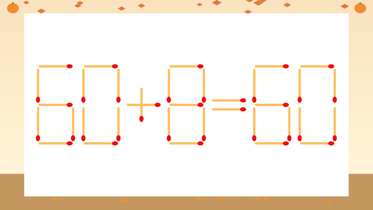 【マッチ棒クイズ】1本だけ動かして正しい式に：60+8=60？