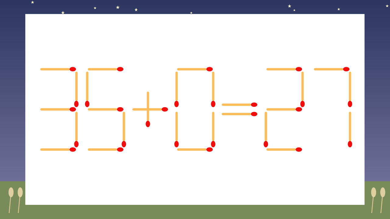 【マッチ棒クイズ】1本だけ動かして正しい式に：35+0=27？