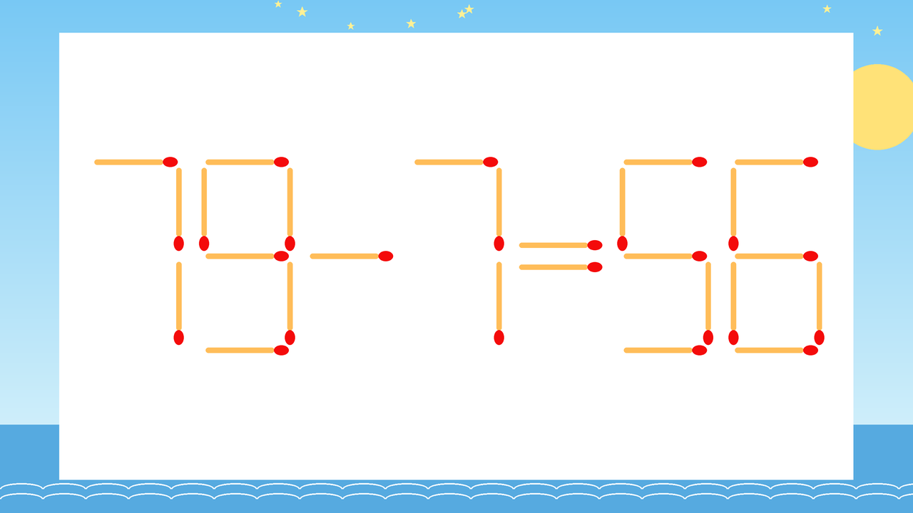 【マッチ棒クイズ】1本だけ動かして正しい式に：79-7=56？の問題イメージ
