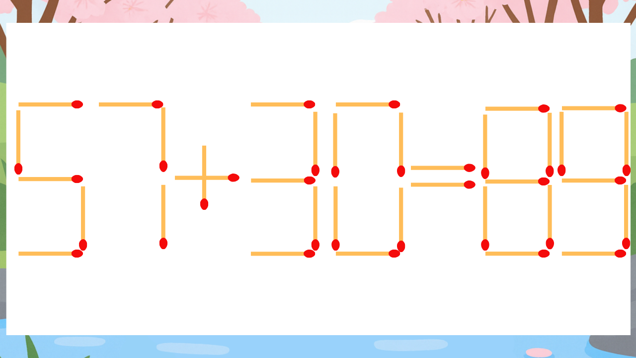 【マッチ棒クイズ】1本だけ動かして正しい式に：57+30=89？