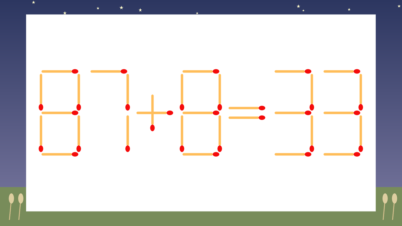 【マッチ棒クイズ】1本だけ動かして正しい式に：87+8=33？