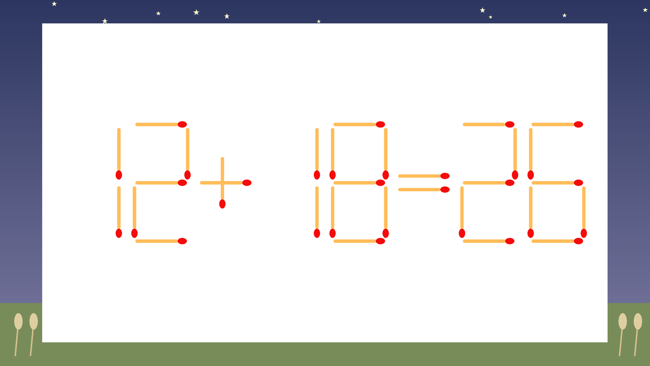 【マッチ棒クイズ】1本だけ動かして正しい式に：12+18=26？の問題イメージ