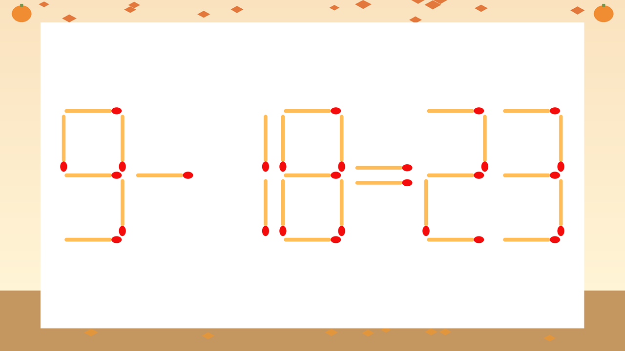 【マッチ棒クイズ】1本だけ動かして正しい式に：9-18=23？
