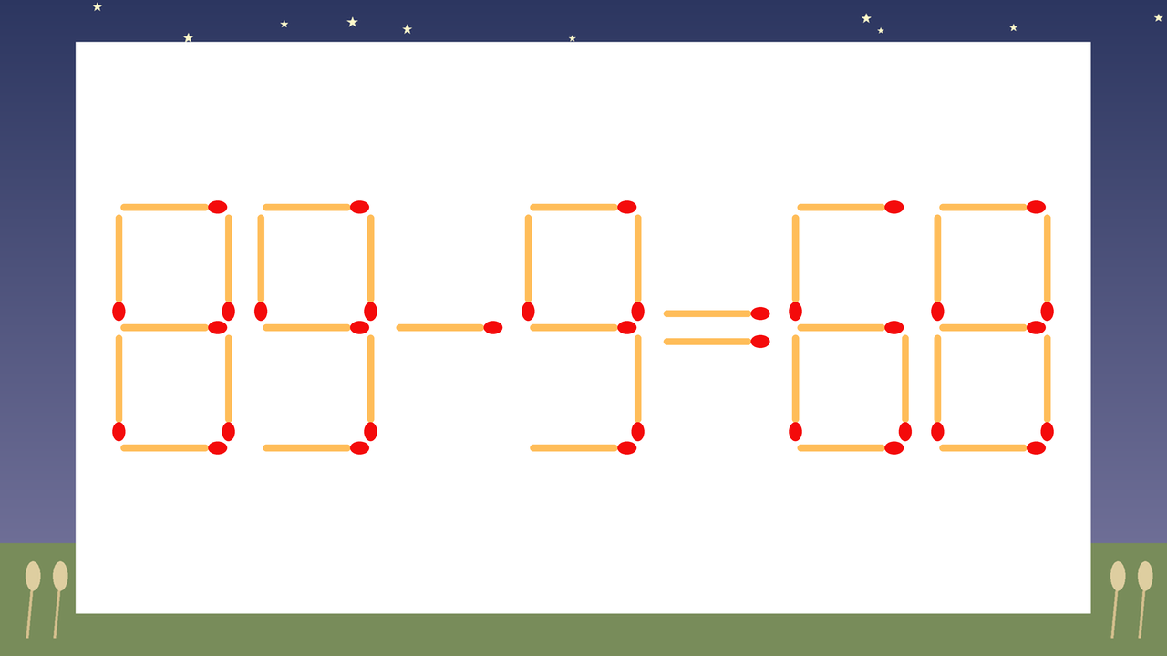 【マッチ棒クイズ】1本だけ動かして正しい式に：89-9=68？